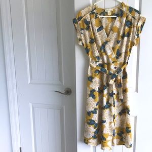 Yellow Floral Midi Wrap Dress, M